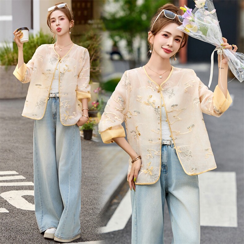 重工刺绣欧根纱薄款外套女2025春夏新款独特漂亮新中式防晒衣上衣,女装防晒衣,布芭啦
