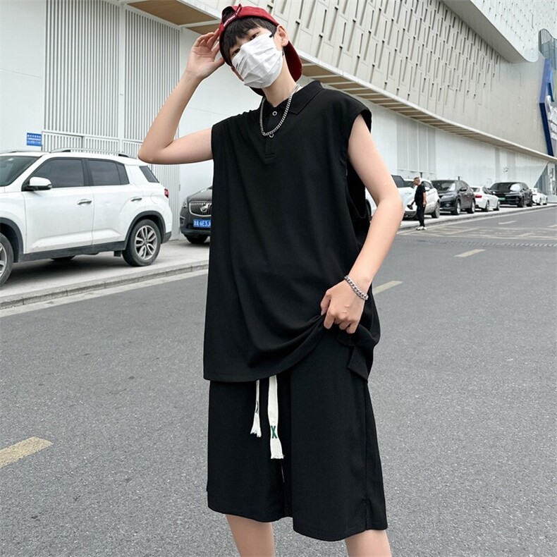 夏季新款大码港风情侣无袖五分裤两件套休闲套装男S04P55,男装休闲套装,电商B226-2（原B217-2）