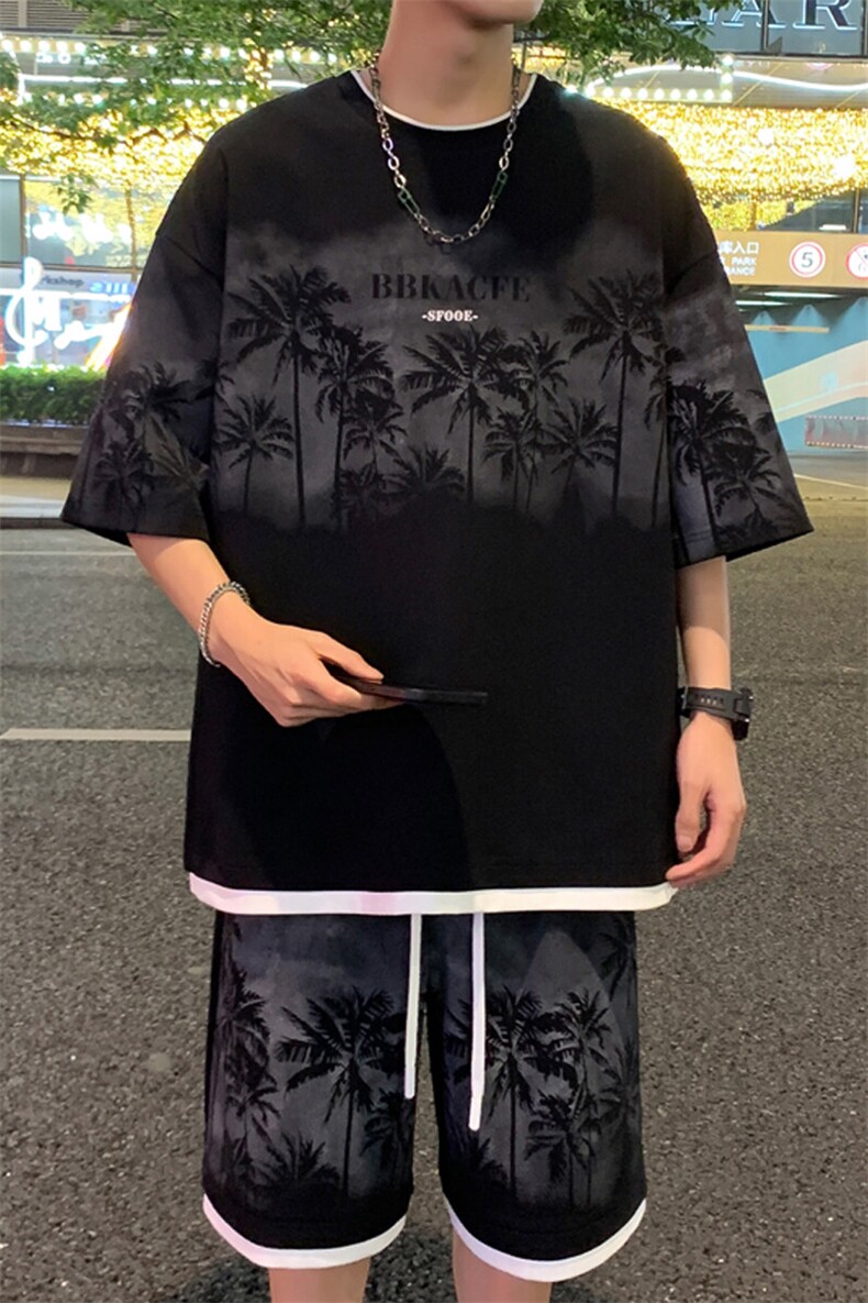 假两件菠萝格短袖T恤男夏季重磅潮牌ins休闲宽松欧美高街半袖上衣,男装休闲套装,电商A022