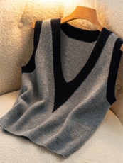 时尚百搭纯澳毛拼色V领女士羊毛马甲，女装马甲，莺澜羊绒