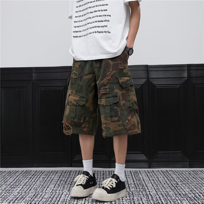 复古牛仔裤七分裤美式破洞工装裤宽松阔腿短裤6043P65，男装牛仔裤，星座410-2