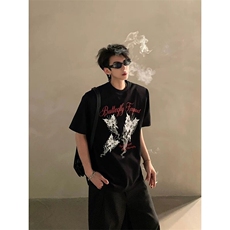 网图垫肩潮现货圆领高街圆领印花短袖T恤DJ903-P35黑色，男装T恤，电商C310-1