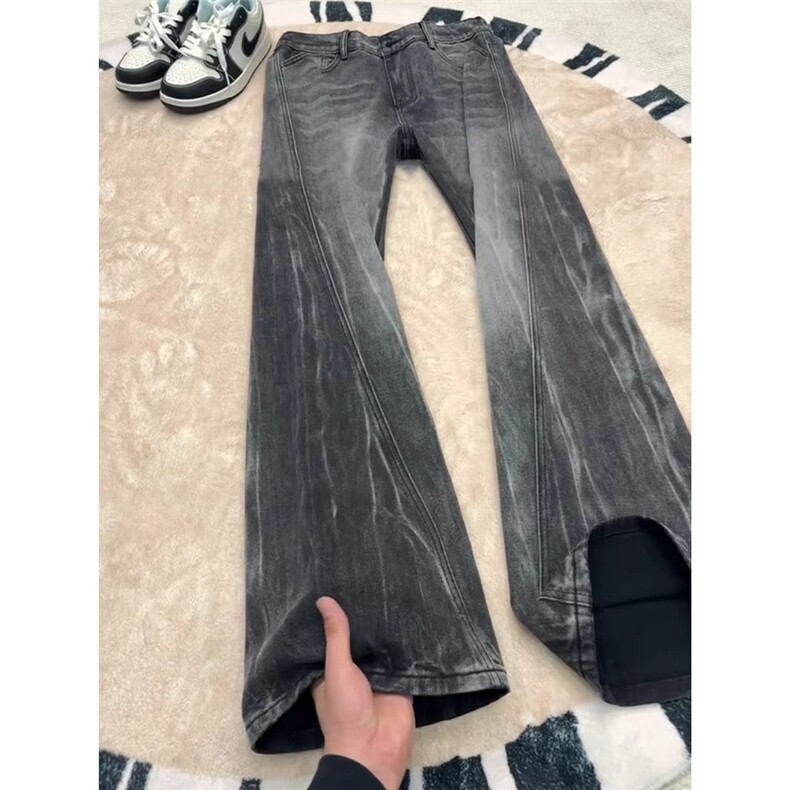 闪电纹斜切牛仔裤男女秋冬季高街微喇弯刀裤修身直筒高腰裤子,男装牛仔裤,星座410-6（原星座1304-1）