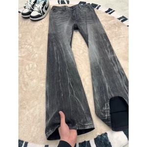 闪电纹斜切牛仔裤男女秋冬季高街微喇弯刀裤修身直筒高腰裤子图片