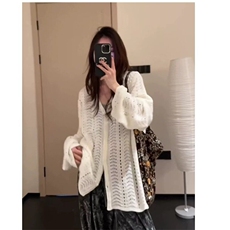 慵懒风镂空白色针织衫上衣女早春2025新款设计感小众百搭开衫外套，女装针织衫/毛衣，星座506A