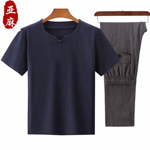 大货新款夏男款中老年风亚麻套装短袖T恤套装棉麻长裤爸爸装图片