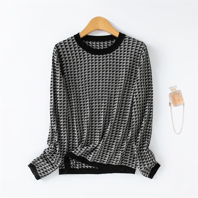 韩版时尚格子图案羊毛打底衫简约百搭显瘦长袖针织衫，女装针织衫/毛衣，丹芙娇羊绒