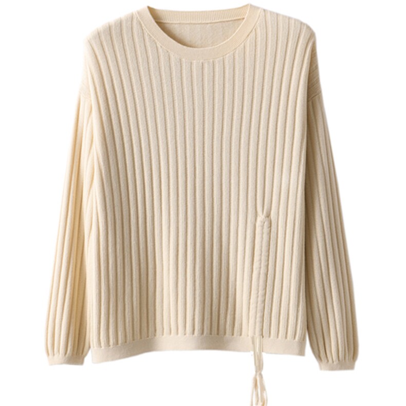 春季新款女圆领套头棉麻毛衣百搭纯色落肩袖抽条休闲时尚长袖T恤,针织衫/毛衣,斯美雅电商供货