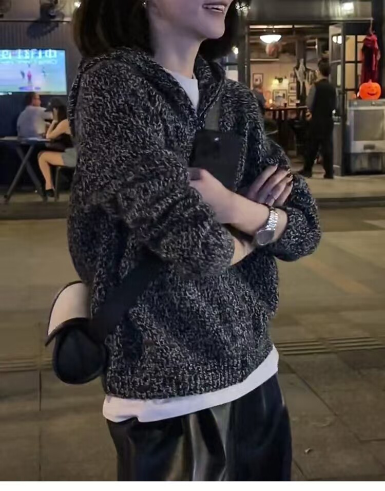 高端重工开衫女宽松显瘦连帽针织衫毛衣秋冬小众羊毛外套新,女装羊毛衫,千御纺羊绒