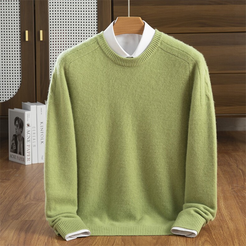 秋冬季35%羊绒休闲商务百搭7针加厚圆领马安肩羊绒衫男装，男装羊绒套衫，隆格羊绒