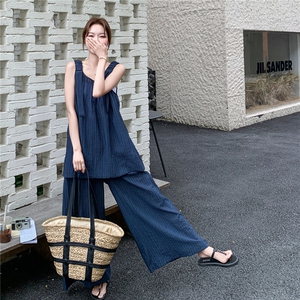 韩系通勤风薄款牛仔无袖上衣套装女2025夏季气质阔腿裤淡人两件套图片