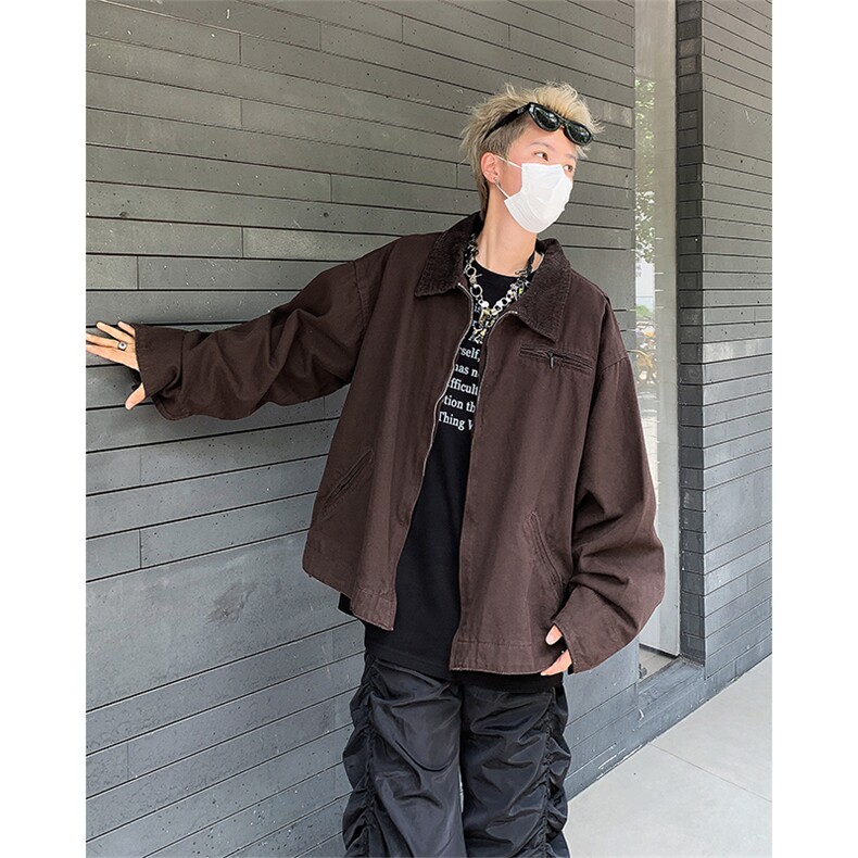 港风秋款男夹克衫灯芯绒领拉链口袋宽松休闲外套JK8546 P77图片