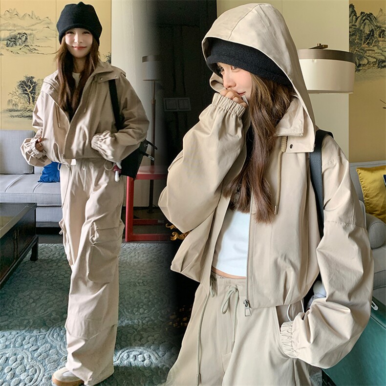 K姐户外风尼龙绉短款宽松连帽气质花苞外套女,女装短外套,纯色衣恋