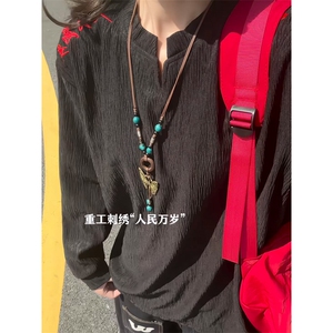 XZ809A/SYR04/特P24/控48    肌理感V领绣花人民万岁长袖T恤卫衣图片