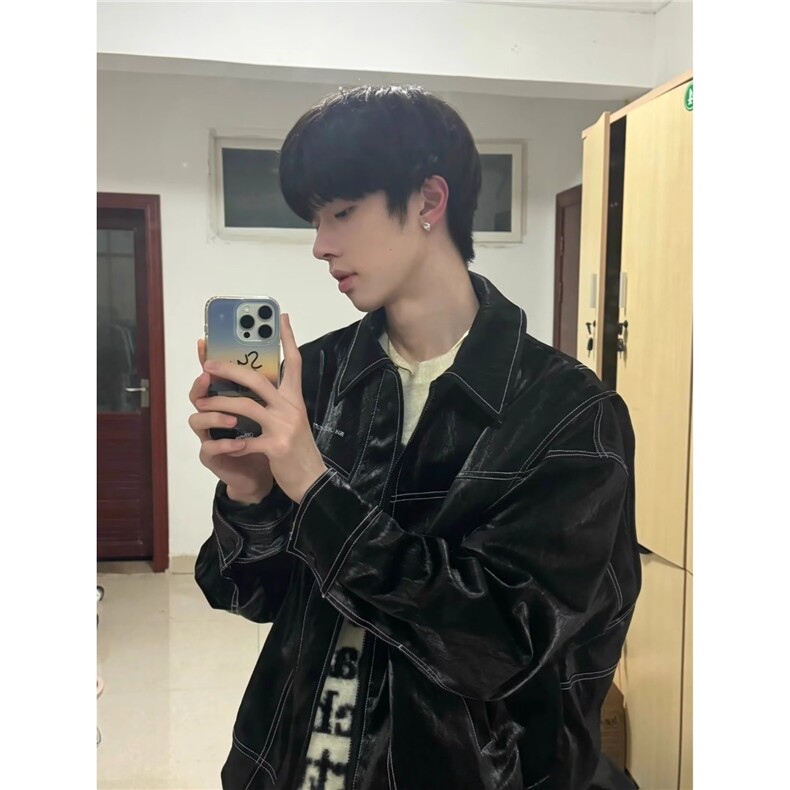 潮翻领皮褶皱纹理宽松夹克标准纯色青少年长袖收口袖TJK196,男装夹克,星座208-5