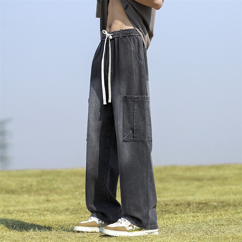 美式高街vibe牛仔裤男女春夏潮牌工装直筒阔腿裤子-BK810-P55烟灰,男装牛仔裤,星座307-3(原516-1)