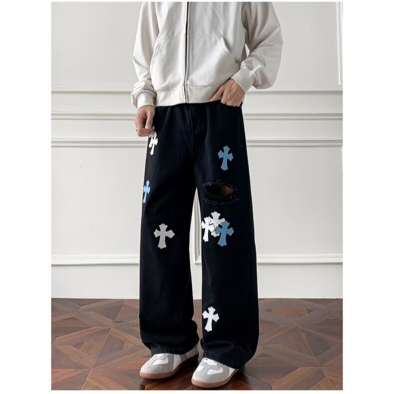 破洞牛仔裤男街头痞帅嘻哈高街十字架贴皮复古白色长裤AM991P52，男装皮裤，星座1013-5