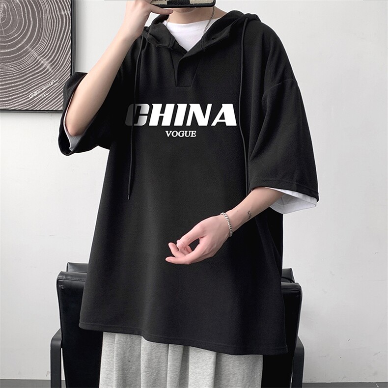 LD54001-P45 连帽短袖t恤男大码胖子带帽五分袖中袖图片