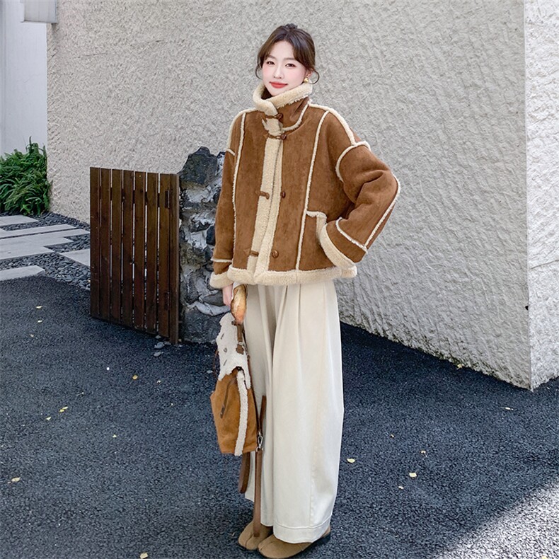 主推现货咖色皮毛一体羊羔毛外套5803-P185-K268,女装派克服,2C159