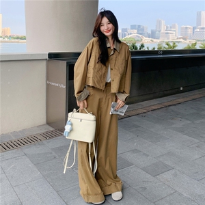 复古松弛感绣花外套阔腿裤两件套女秋季2025新款韩系小个子短夹克图片