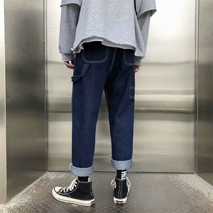 春夏季牛仔裤男港风宽松直筒复古工装休闲裤韩版潮流学生阔腿裤男图片