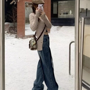 复古美式牛仔裤男女春季新款胖mm高腰宽松显瘦阔腿长裤梨形身材裤图片