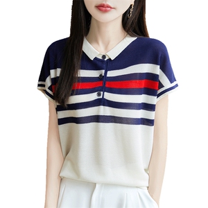 娃娃脸条纹针织短袖T恤女2025夏季新款洋气打底衫天丝薄款上衣t恤图片