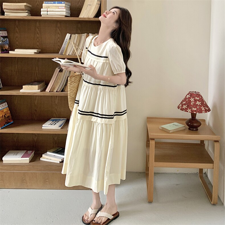 撞色拼接简约风短袖连衣裙女2025年夏季新款韩版设计感条纹A字裙,女装连衣裙,2C012