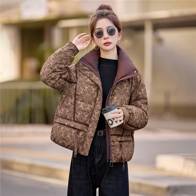90绒白鸭绒羽绒服女2025冬季新款印花复古优雅加厚保暖,女装羽绒服,余墨