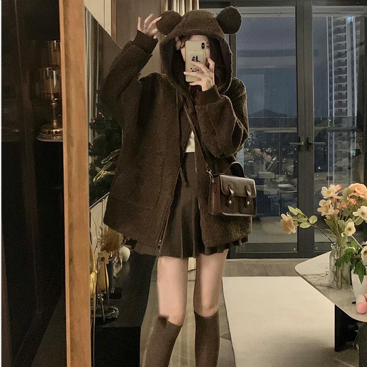 A207-P115小熊耳朵连帽毛毛外套秋冬夹棉羊羔毛学院风拉链棉服,男装棉衣,星座911