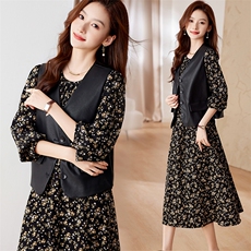 2023年秋季女时尚气质时髦皮马甲+连衣裙套装，女装套装/套裙，艾贝斯