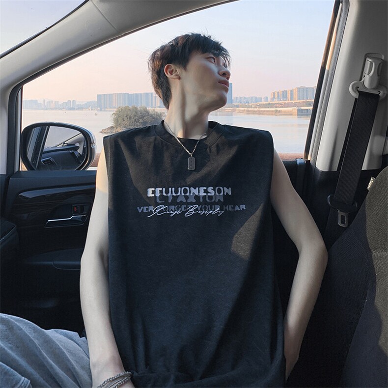 得物抖音品质240克宽松纯棉美式扎染做旧工艺坎肩背心印花无袖T恤，男装背心/马甲，电商A486-1