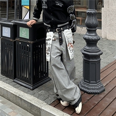 NK1007-P58小众设计感高街阔腿拖地裤反穿大口袋印花牛仔裤，男装牛仔裤，电商B323A