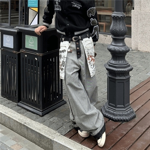 NK1007-P58 小众设计感高街阔腿拖地裤反穿大口袋印花牛仔裤图片