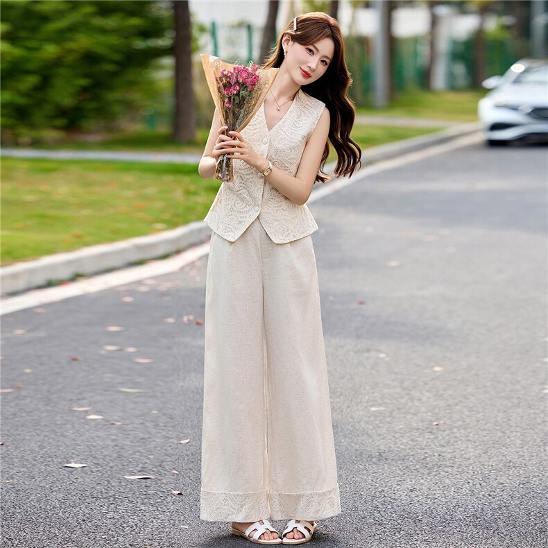 老钱风法式风V领蕾丝马甲阔腿裤两件套女夏显瘦淑女套装,女装套装/套裙,朵莱米