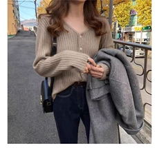 秋季新款舒适显瘦时尚百搭V领抽条针织开衫，女装羊毛衫，恒恩羊绒