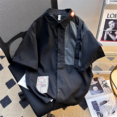 港风夏款男短袖衬衫条纹拼接帖标宽松衬衣CS0023P38，男装衬衫，星座1013-1