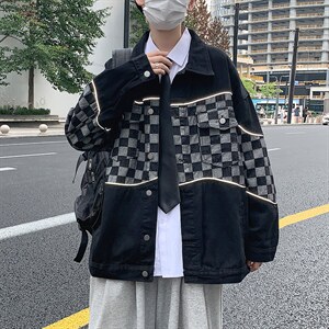 棋盘格夹克男春秋新款潮牌复古日系宽松潮流牛仔上衣 W5427-P58图片