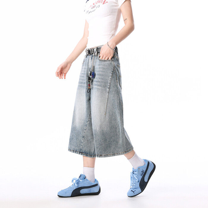 男士牛仔裤水洗拼接浅蓝七分短裤美式高街夏季裤子男,男装牛仔裤,星座410-6（原星座1304-1）