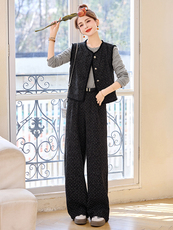 灰色波点小香风马甲套装女春2025新款小个子显瘦减龄阔腿裤三件套，女装套装/套裙，依多米