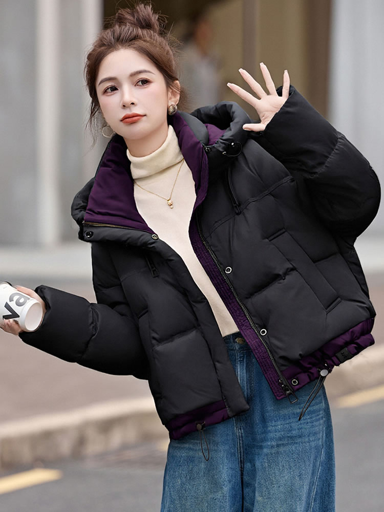 时尚撞色休闲连帽短款羽绒服女冬新款宽松加厚保暖白鸭绒外套,女装羽绒服,韩蔻秀