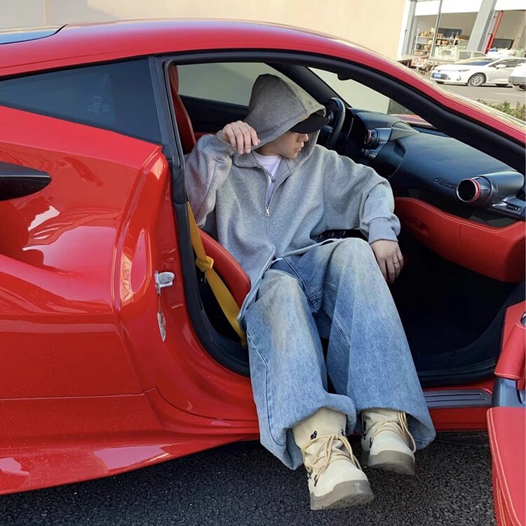 浅灰色双拉链开衫卫衣男款秋季重磅连帽外套美式潮牌帽衫图片
