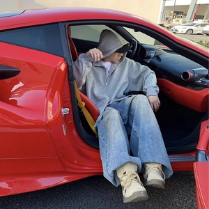 浅灰色双拉链开衫卫衣男款秋季重磅连帽外套美式潮牌帽衫图片
