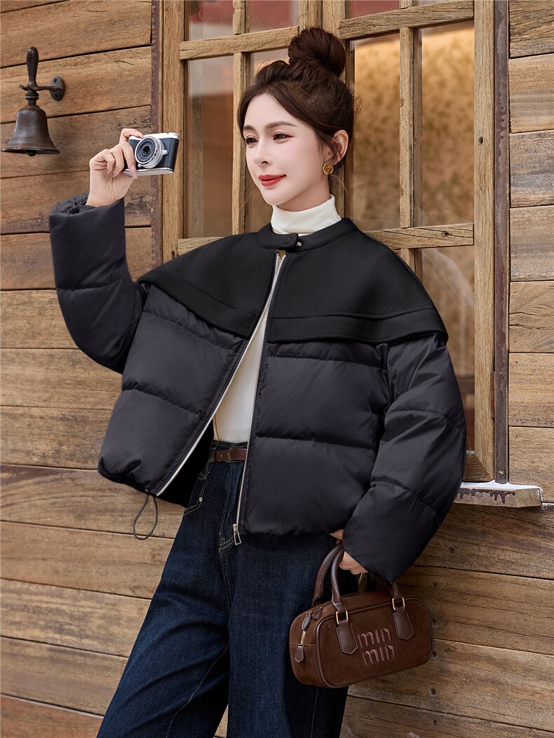 设计感气质毛呢拼接羽绒服女2025冬季新款短款外套减龄,女装羽绒服,玖莱伊