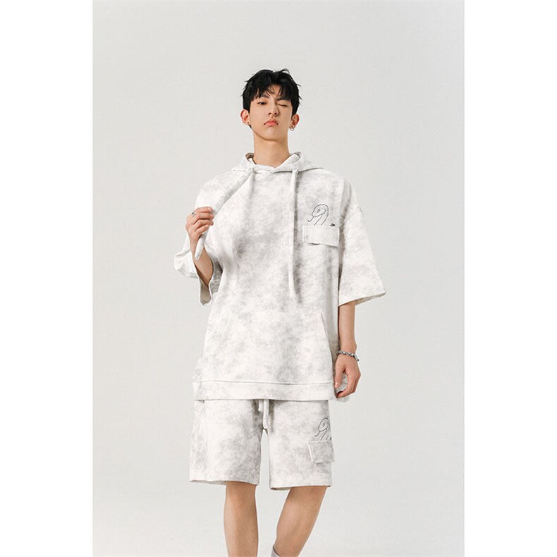 现货TZ773-特批55控88设计感高质感套装连帽大码T恤短袖短裤，男装休闲套装，电商A059