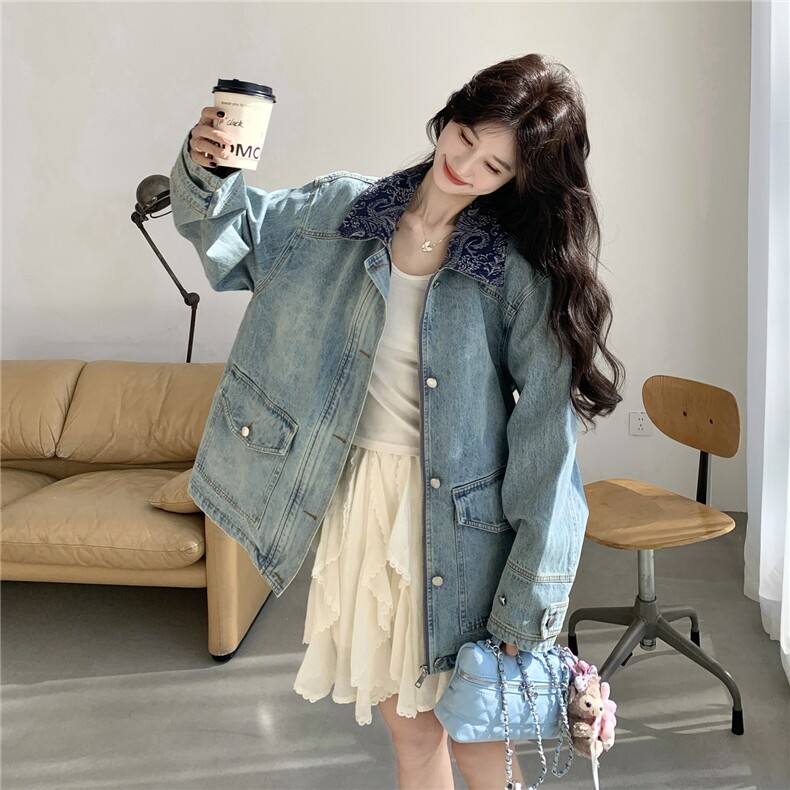 现货2026春装撞色复古牛仔外套2C056-7201-P180控288,女装短外套,2C056
