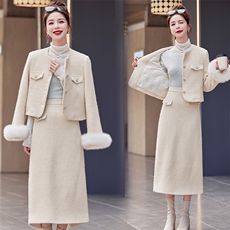 2023冬装女时尚潮流小香风羽绒服真狐狸袖毛白鸭绒套装，女装套装/套裙，艾贝斯