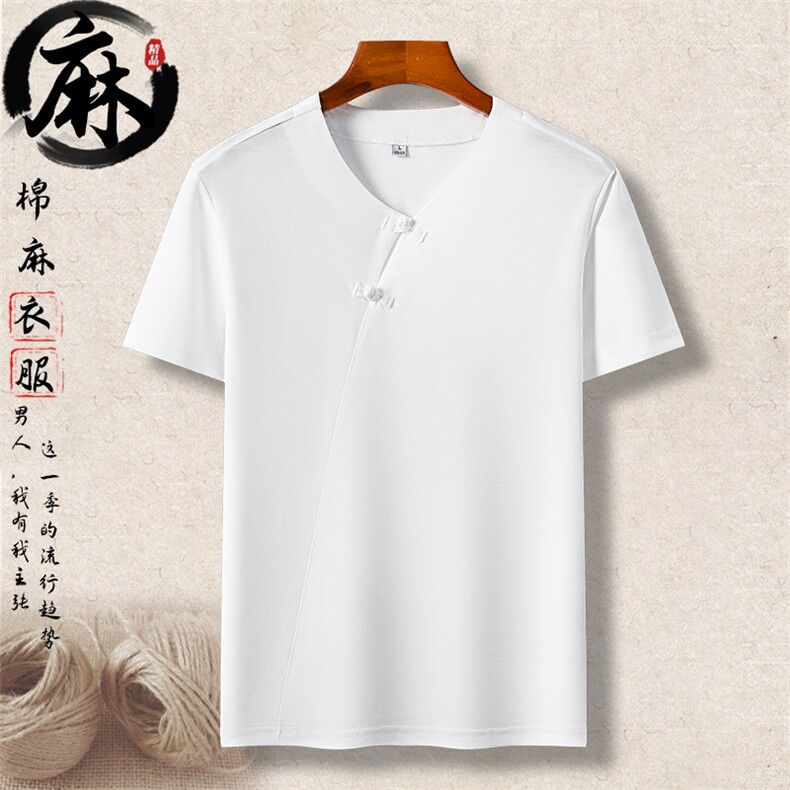 长年货棉麻短袖T恤男士中青年风盘扣复古夏体恤半袖上衣，男装T恤，钱塘723