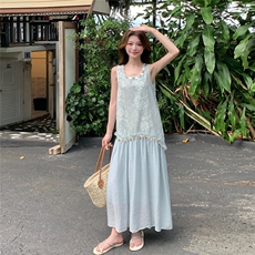绝美漂亮无袖拼接背心连衣裙女夏2025新款湖绿色流行爆款少女长裙，女装连衣裙，韩蜜菓