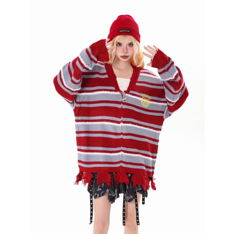 M253-P50美式复古条纹情侣针织外套男冬季小众破坏感宽松，女装短外套，电商B323A